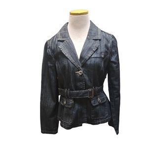 NWOT Dress Barn 2 button fitted belted dark denim jacket